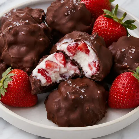 Chocolate-covered strawberry yogurt clusters with creamy berry centers