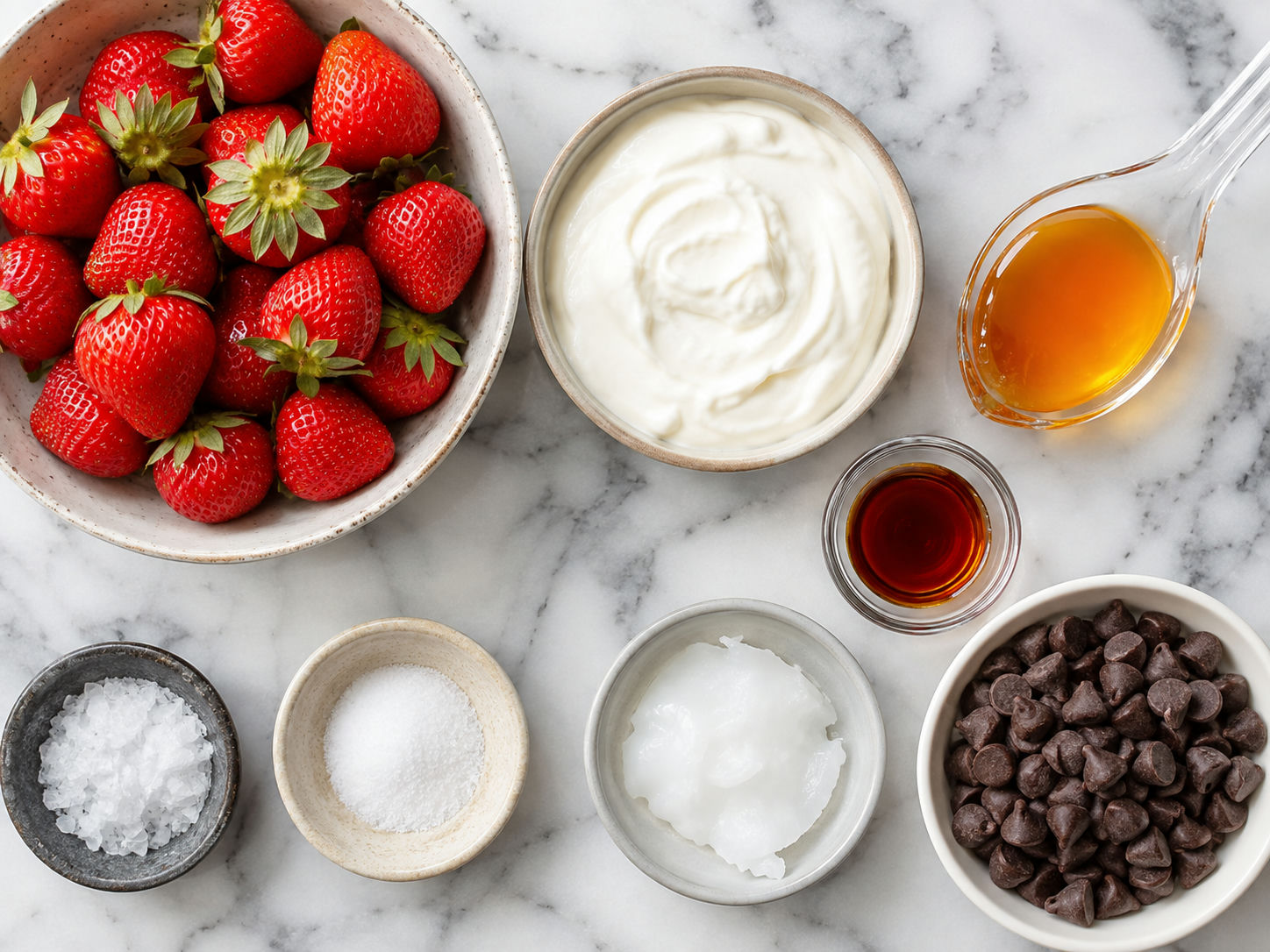 Strawberries, Greek yogurt, chocolate chips, honey, vanilla, and salt
