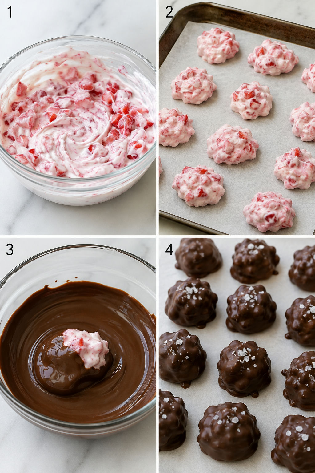 Four steps for making chocolate-covered strawberry yogurt clusters