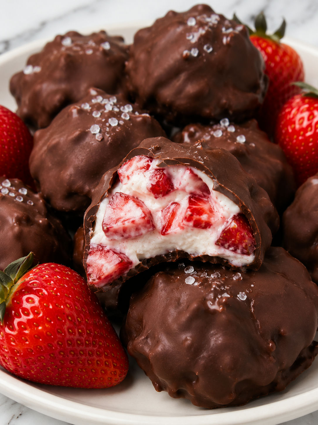 Frozen chocolate strawberry yogurt clusters with a cracked creamy center