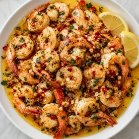 Garlic butter chili shrimp with parsley and lemon in a white bowl