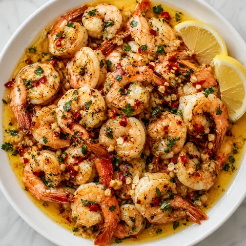 Garlic butter chili shrimp with parsley and lemon in a white bowl