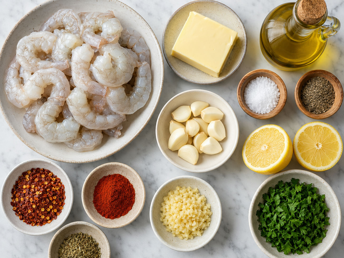 Raw shrimp, butter, garlic, chili flakes, lemon, and parsley on a table