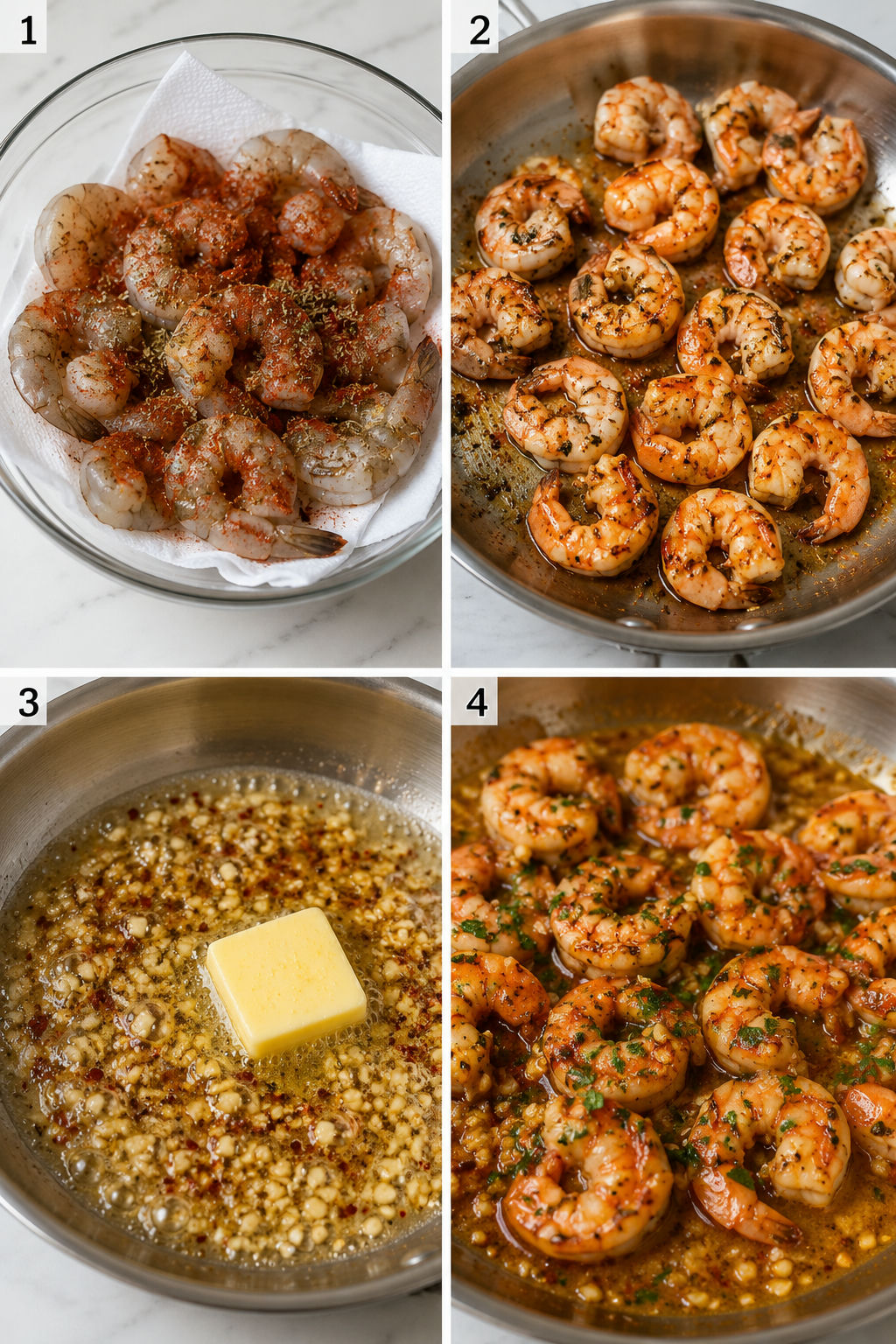 Four cooking steps for garlic butter chili shrimp in a skillet