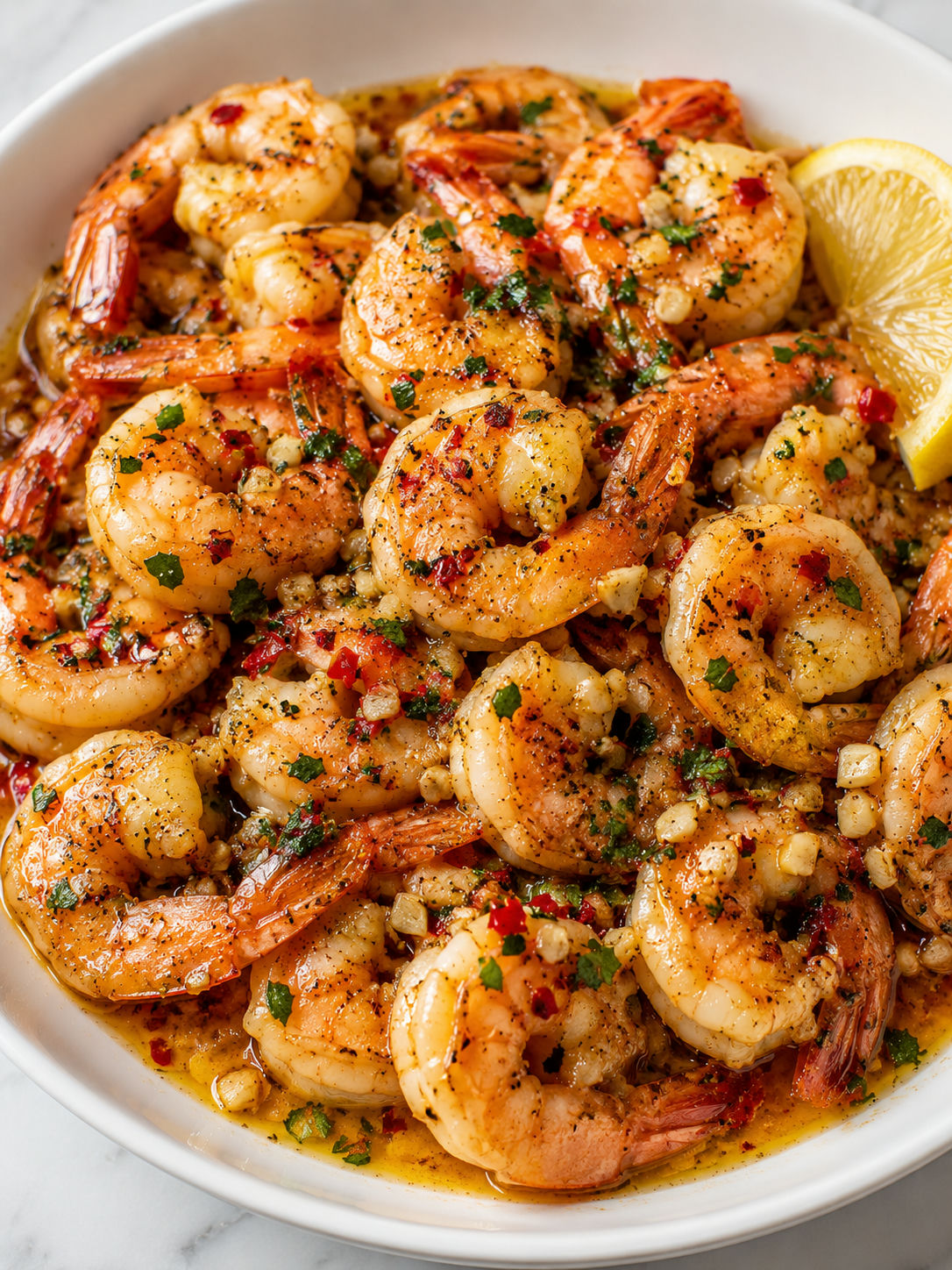 Glossy garlic butter chili shrimp with parsley, chili flakes, and lemon