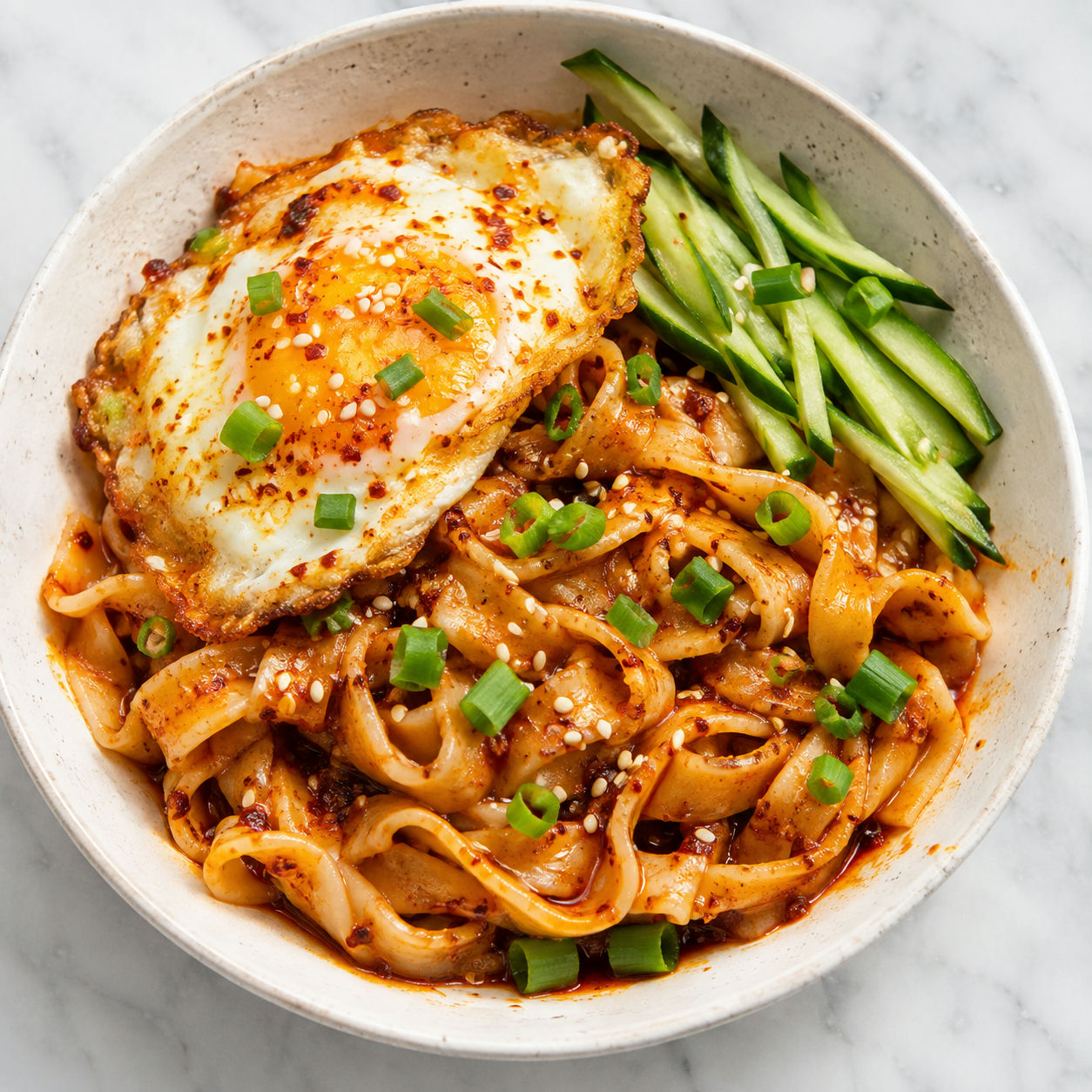 Garlic chili oil noodles with fried egg, cucumber, sesame, and green onion