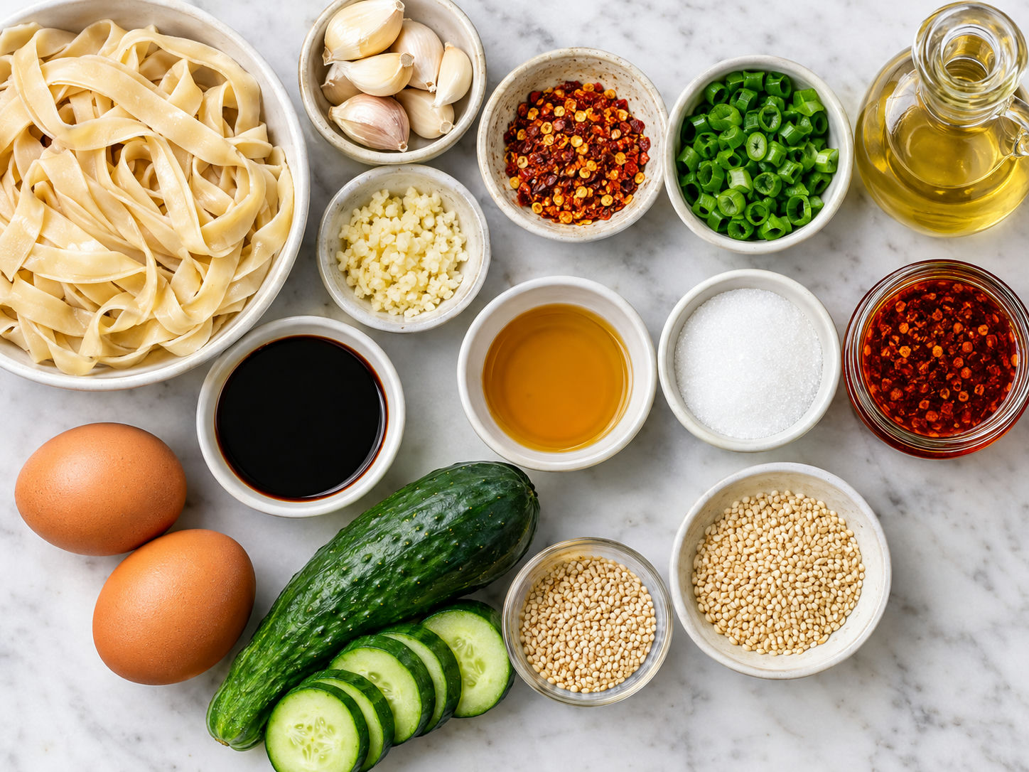 Ingredients for garlic chili oil noodles with eggs, cucumber, garlic, and chili