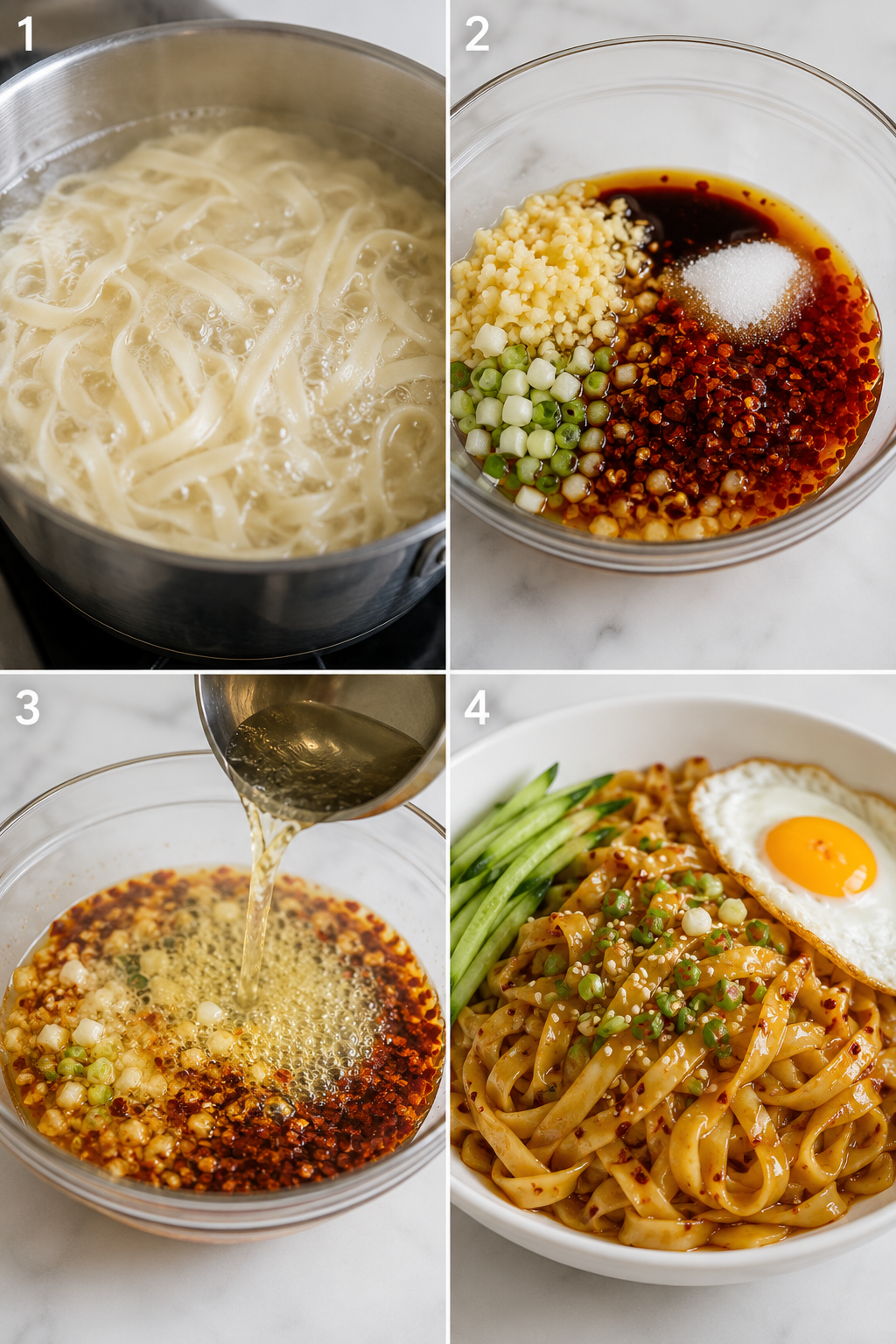 Four steps for making garlic chili oil noodles with hot oil and toppings