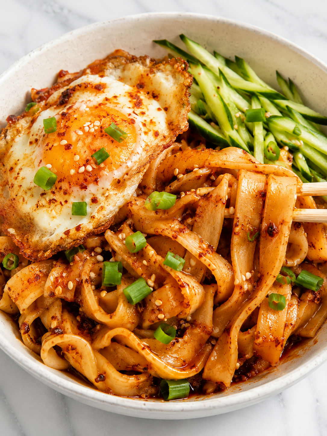 Glossy garlic chili oil noodles with fried egg, cucumber, sesame, and green onion