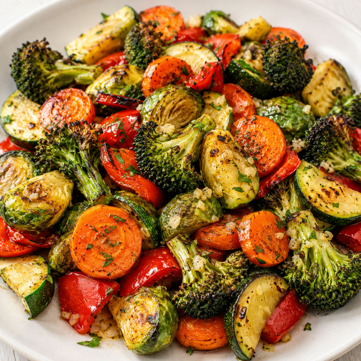 Garlic herb roasted vegetables with lemon and parsley on a white platter