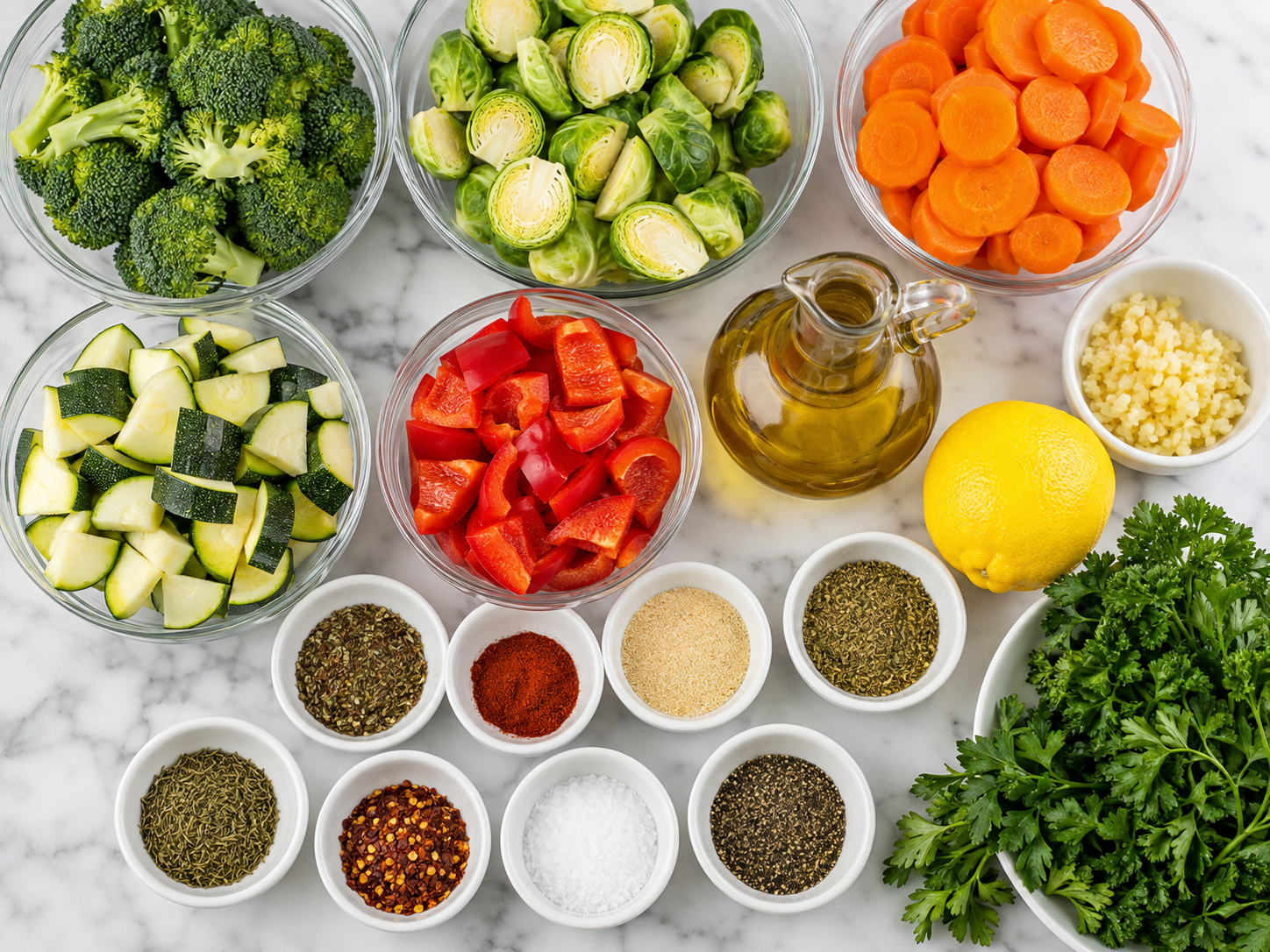Raw vegetables, garlic, herbs, olive oil, lemon, and parsley for roasting