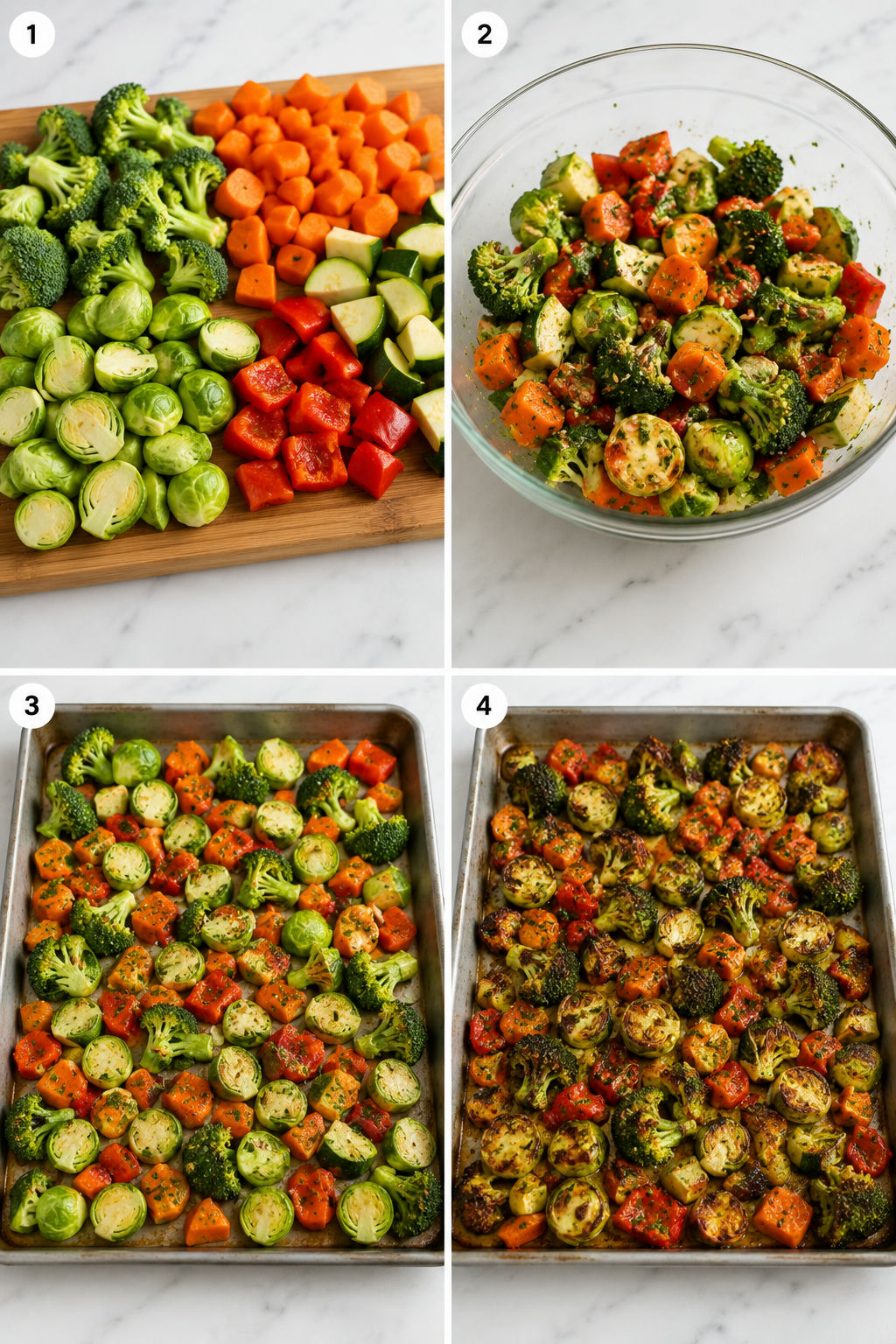 Four steps for making garlic herb roasted vegetables on a sheet pan