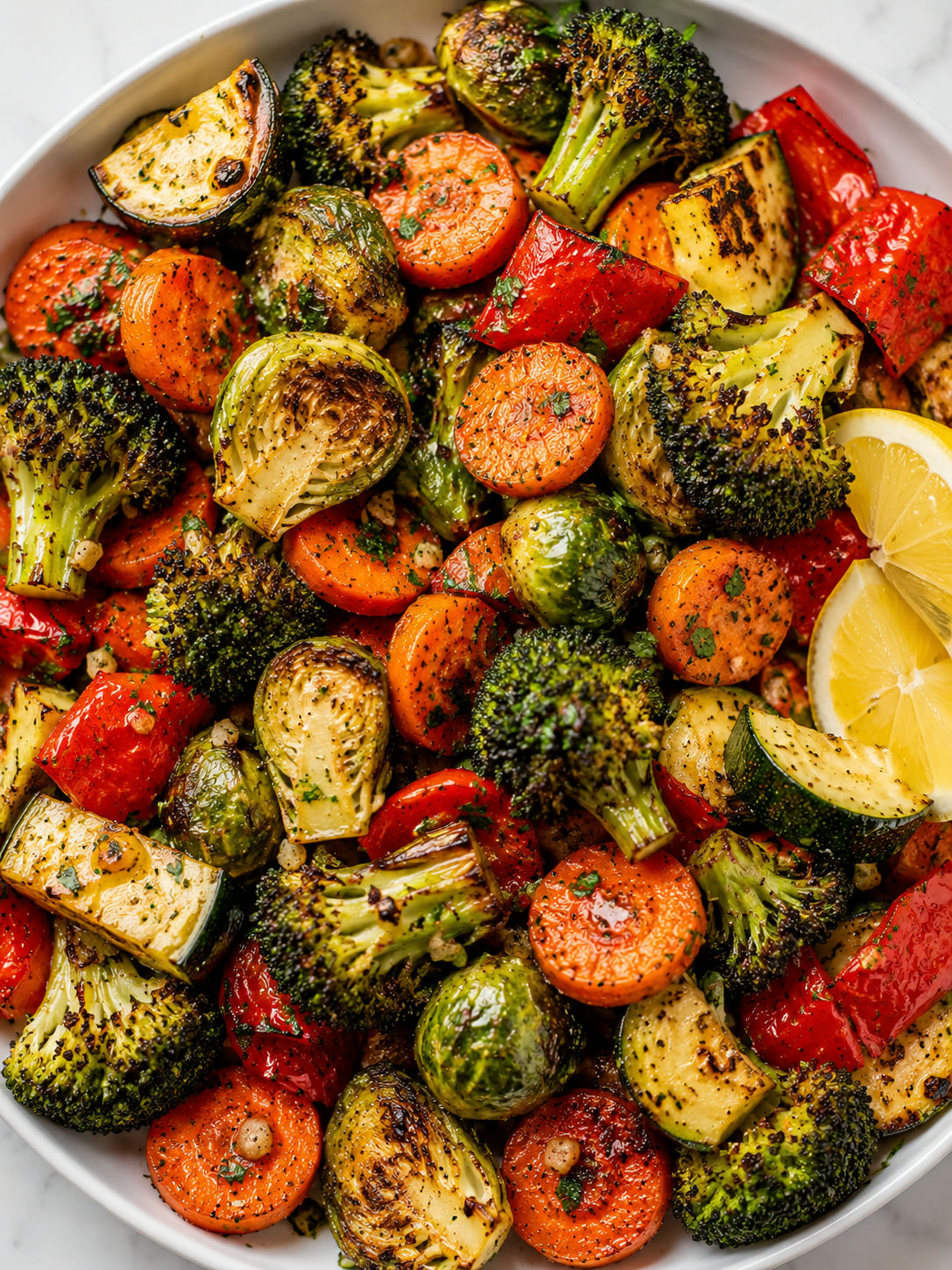 Garlic herb roasted vegetables with browned edges, parsley, and lemon