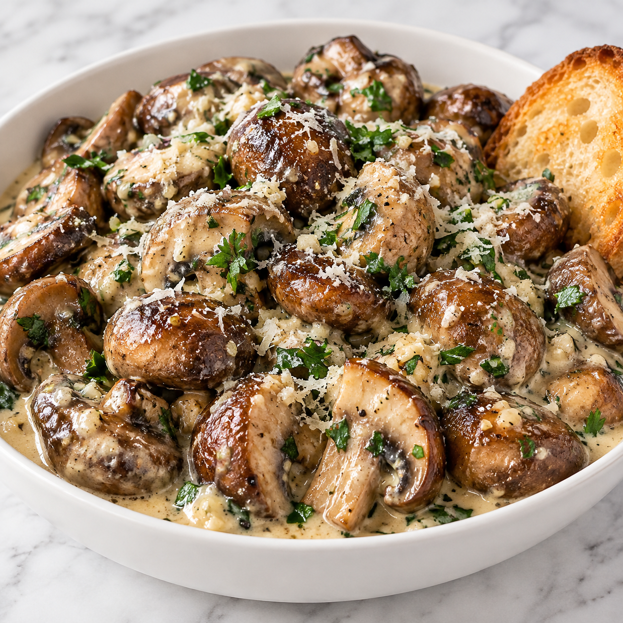 Creamy garlic Parmesan mushrooms with parsley in a white bowl