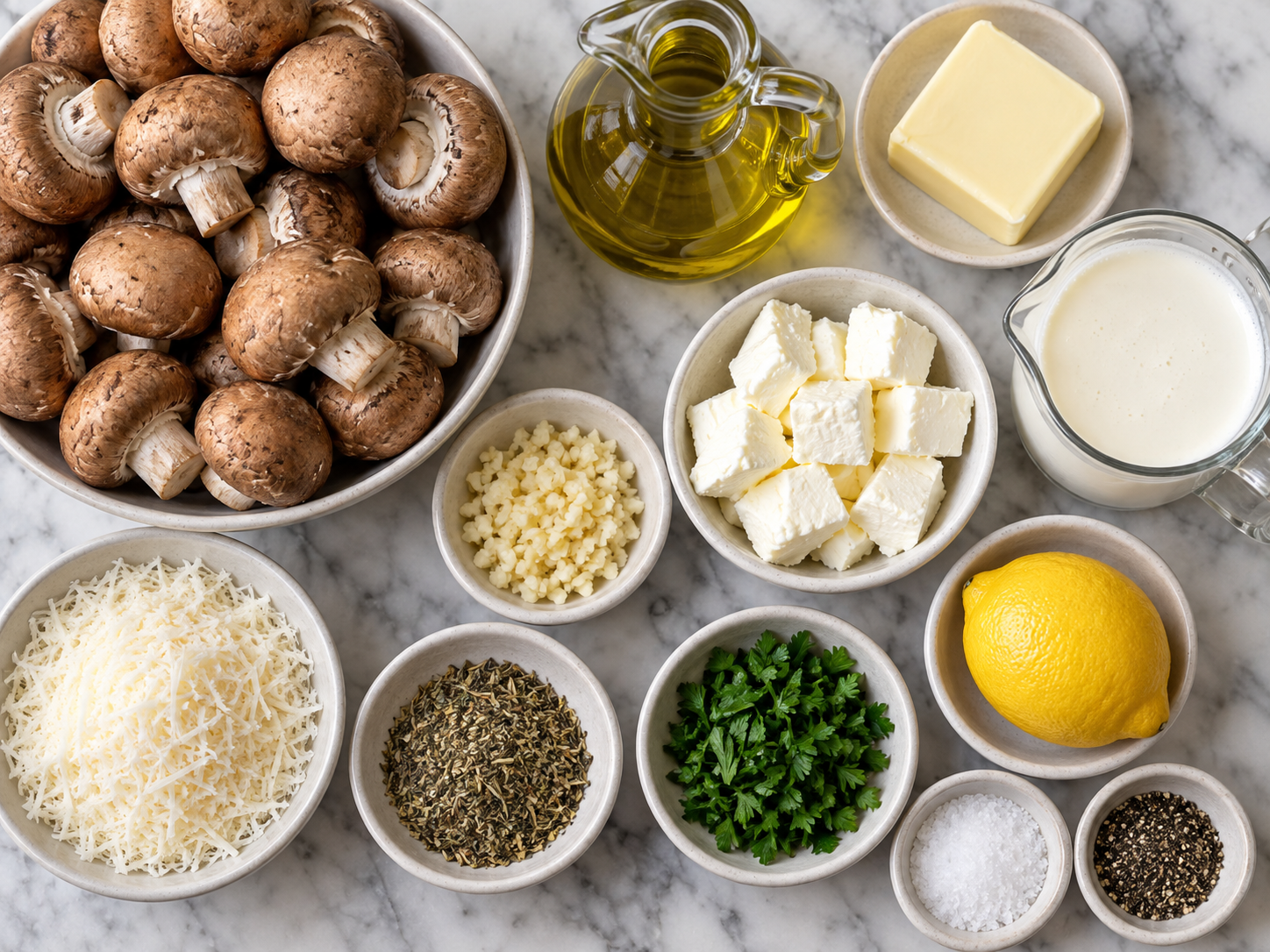 Ingredients for creamy garlic Parmesan mushrooms on a stone surface
