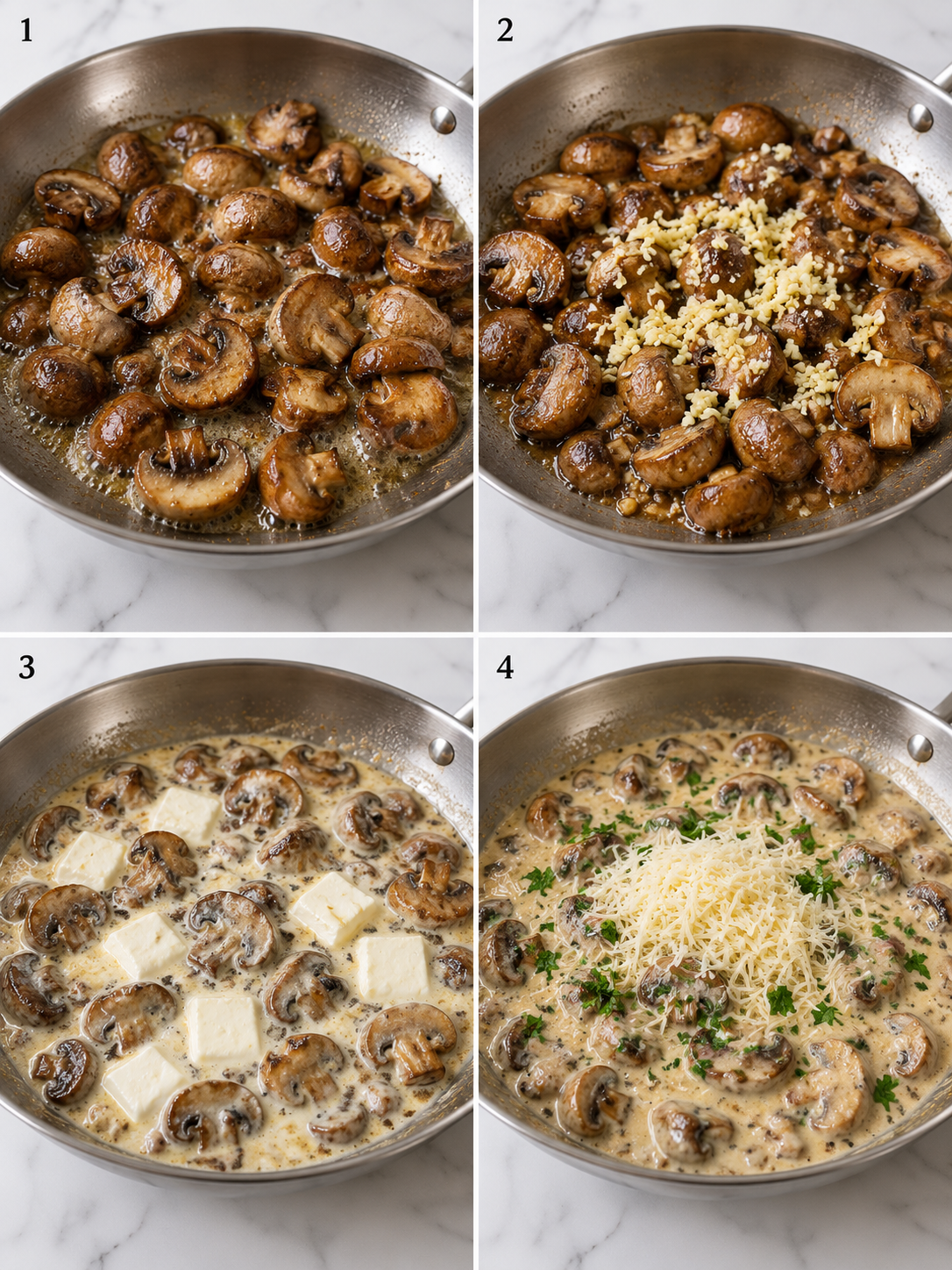 Four steps for making creamy garlic Parmesan mushrooms