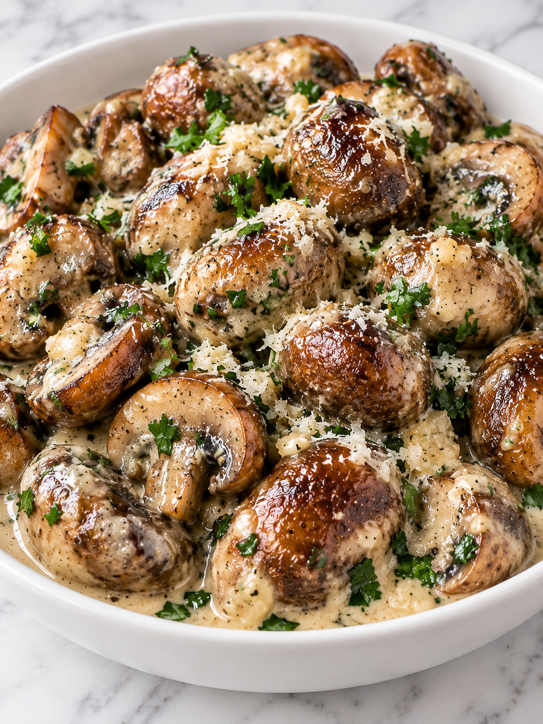 Creamy Parmesan garlic mushrooms with parsley and browned caps