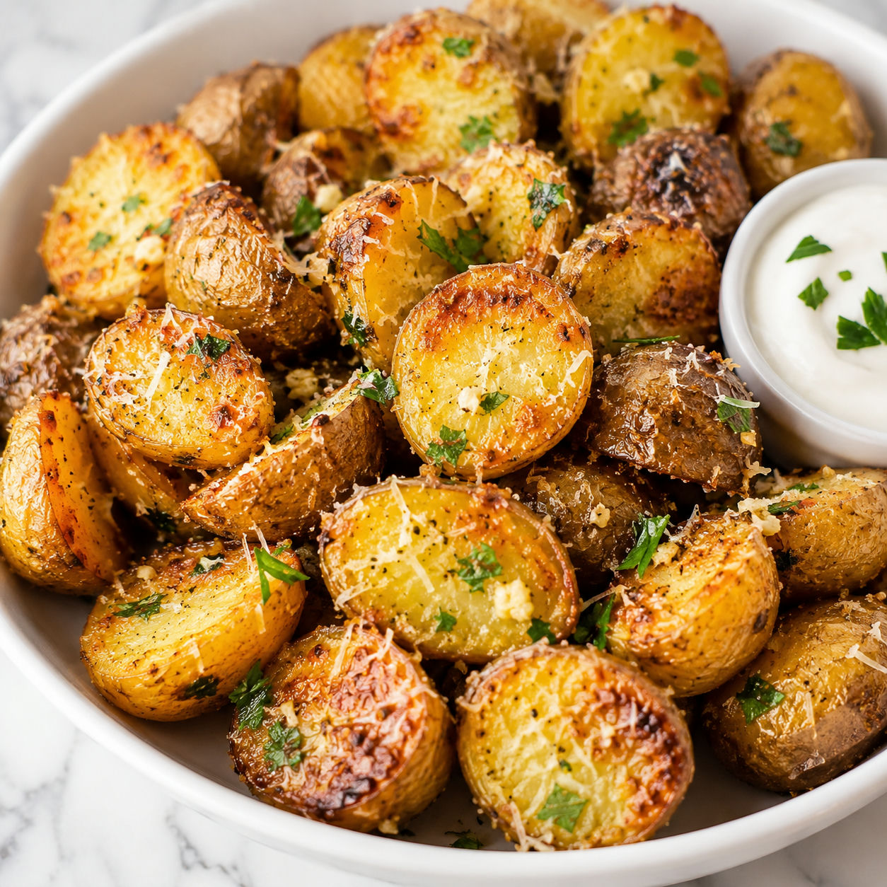 Crispy garlic parmesan baby potatoes with parsley in a white bowl