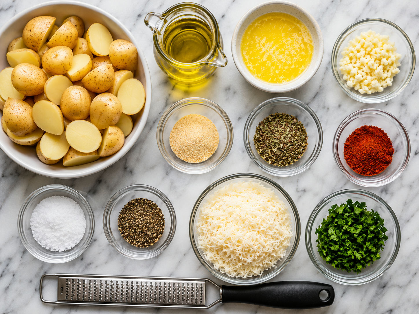 Baby potatoes, parmesan, garlic, herbs, butter, and olive oil for roasting