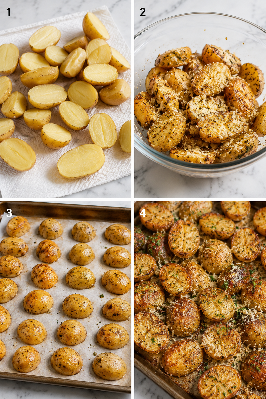 Four cooking steps for garlic parmesan potatoes from prep to finishing