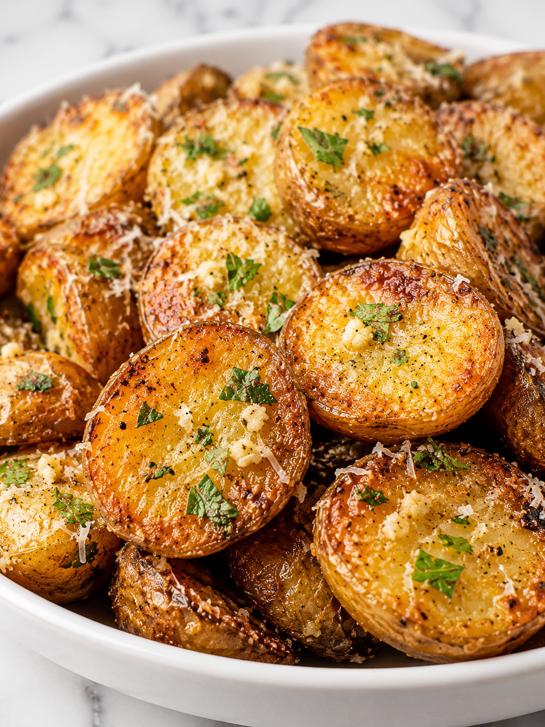 Golden garlic parmesan roasted potatoes with parsley and crispy cheese edges