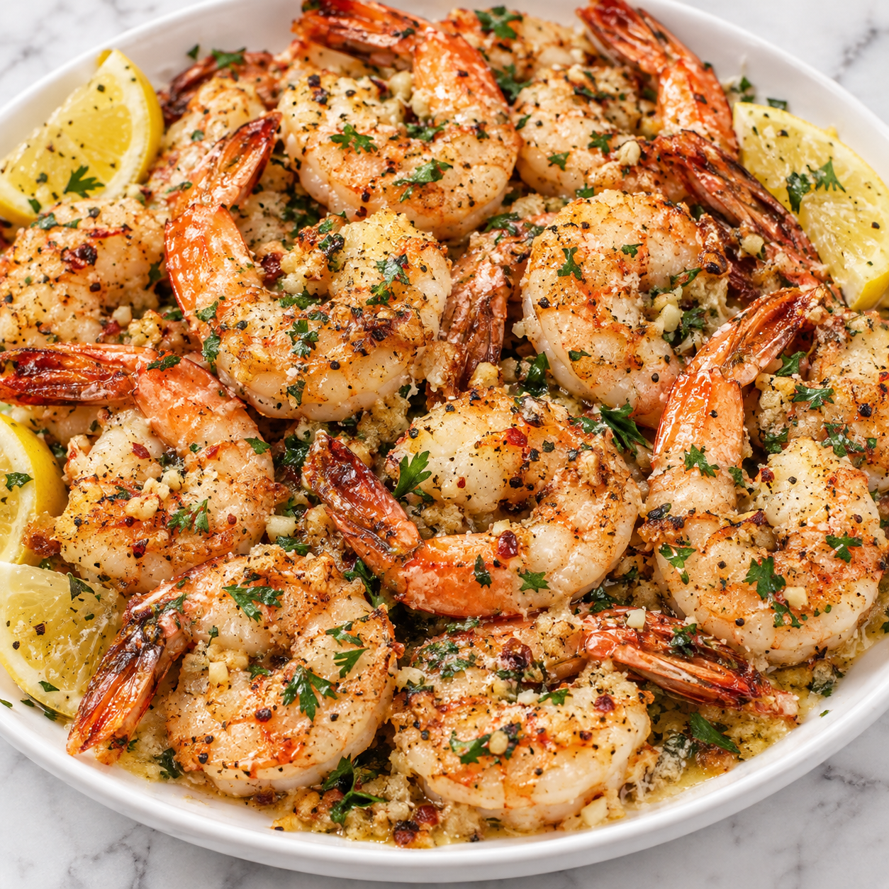 Garlic parmesan roasted shrimp with parsley and lemon on a white platter