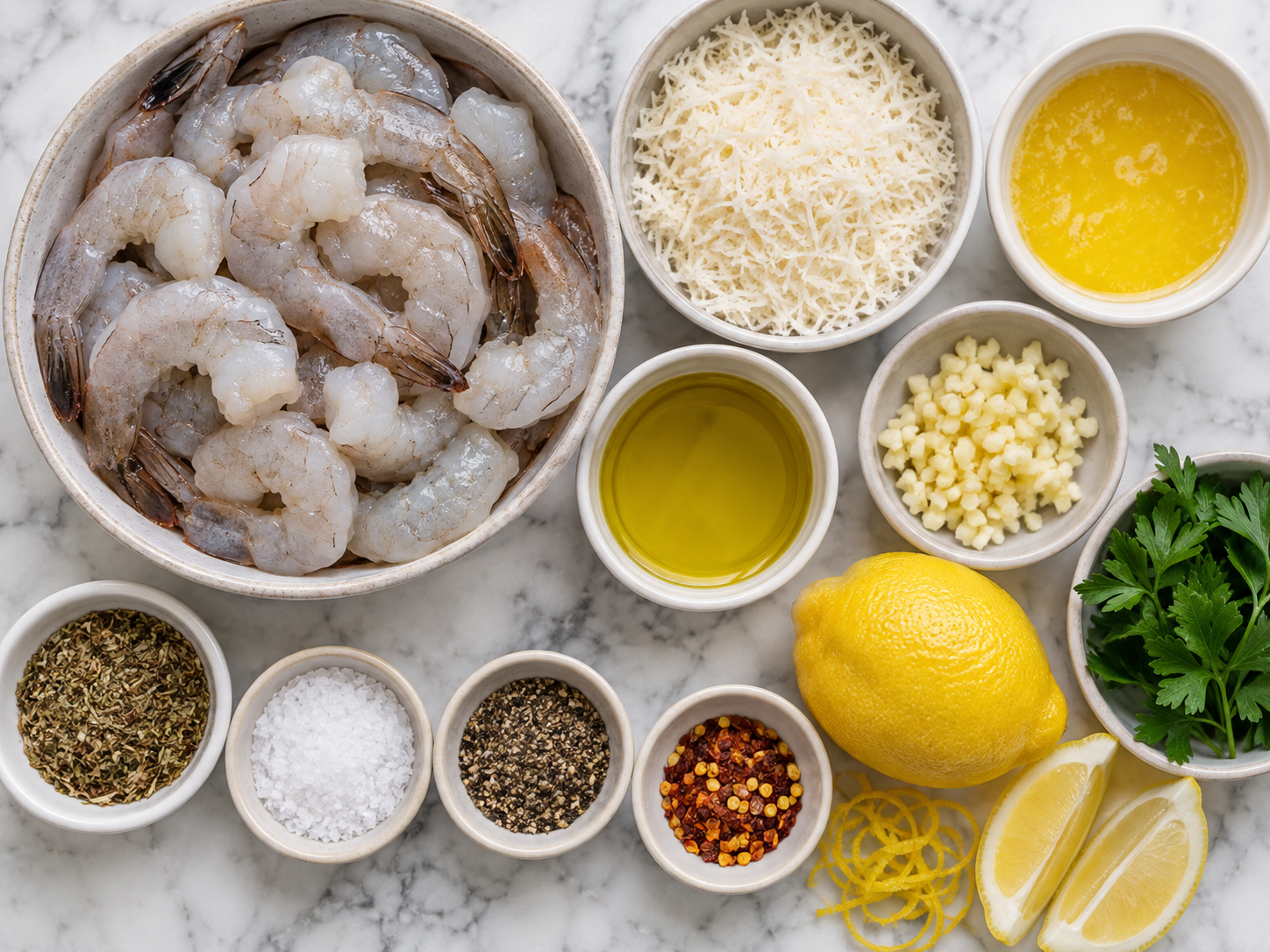 Raw shrimp, Parmesan, garlic, lemon, parsley, oil, butter, and seasonings