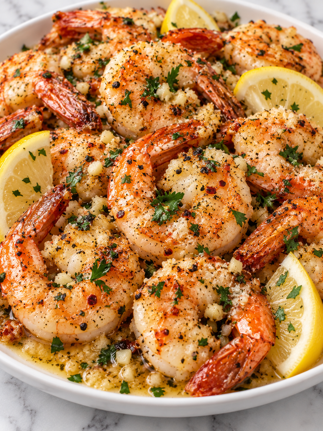 Garlic parmesan roasted shrimp filling the frame with parsley and lemon