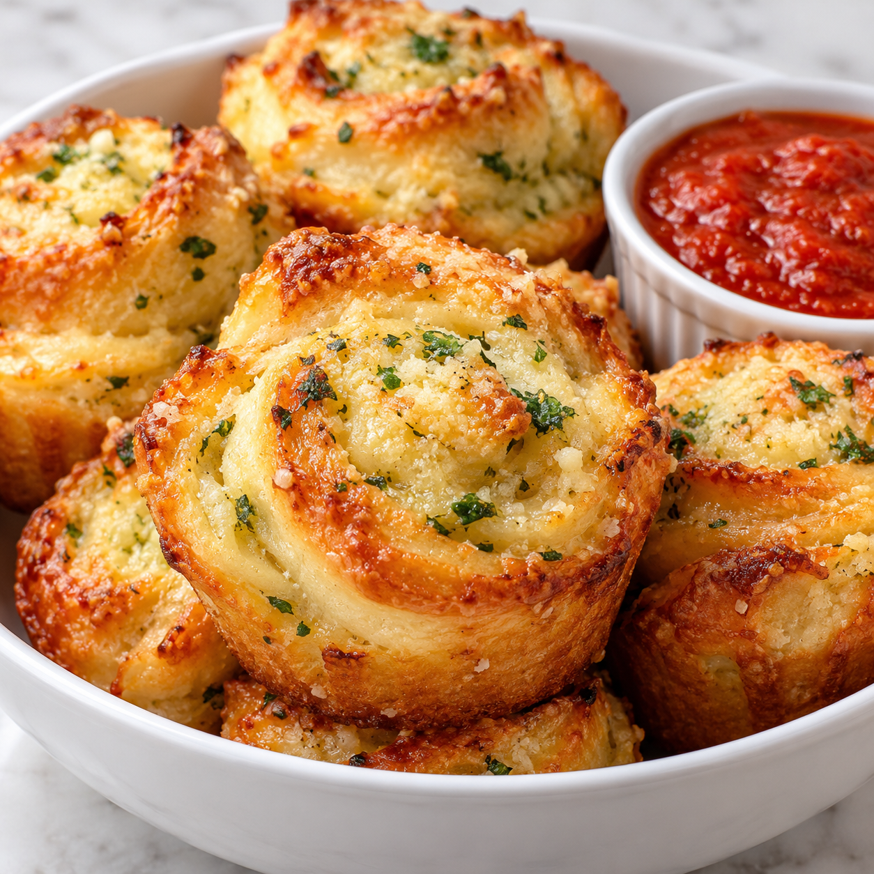 Golden garlic roll cupcakes with parmesan and parsley in a bowl