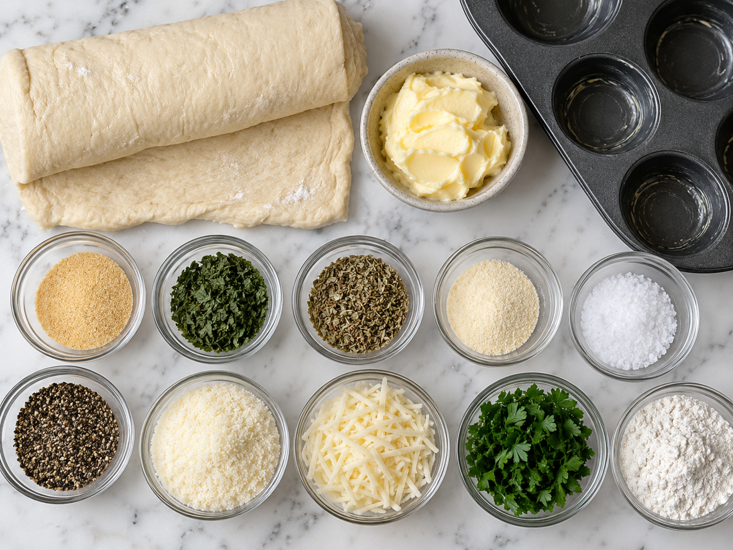 Ingredients for garlic roll cupcakes with dough, butter, herbs, and parmesan