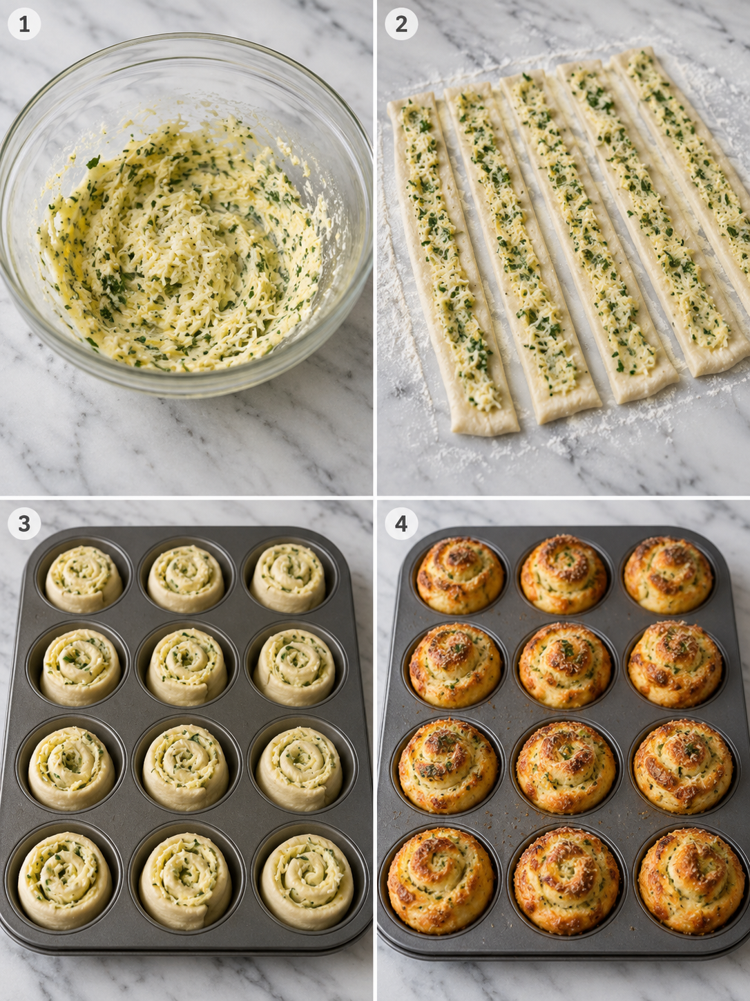Four steps for making garlic roll cupcakes in a muffin pan