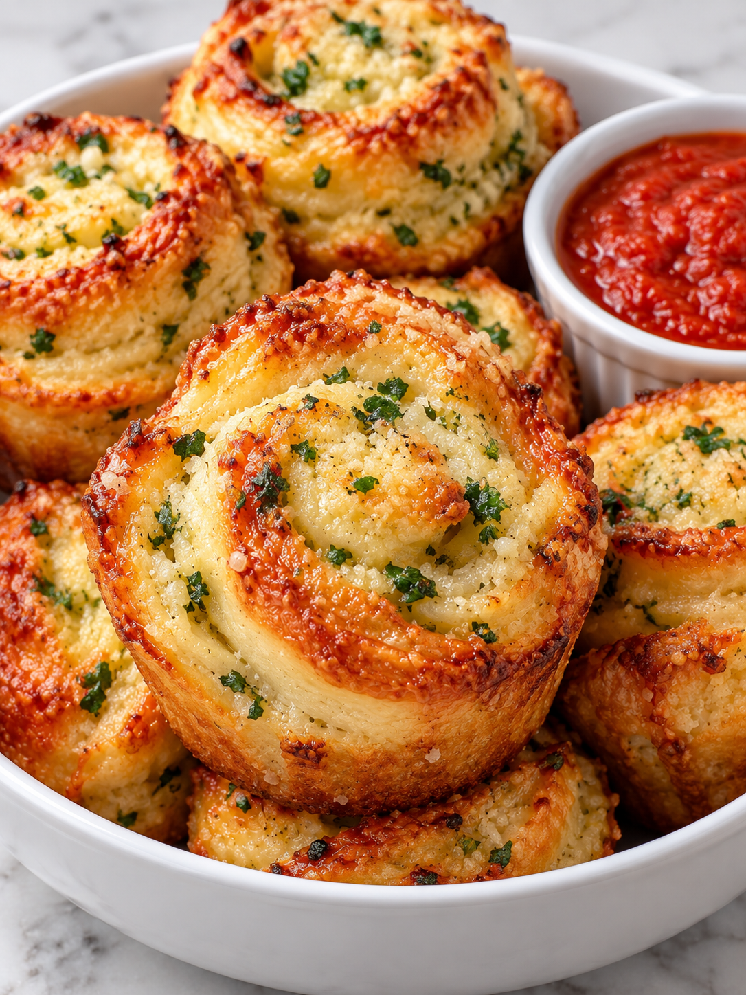 Garlic roll cupcakes with crisp parmesan tops and parsley