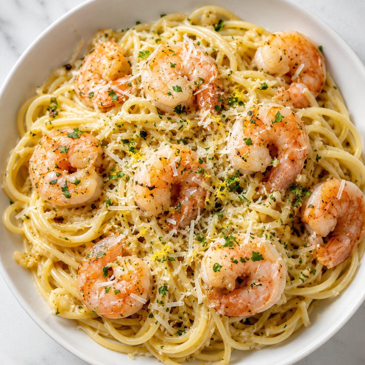 Garlic shrimp pasta with parsley, Parmesan, and lemon in a white bowl