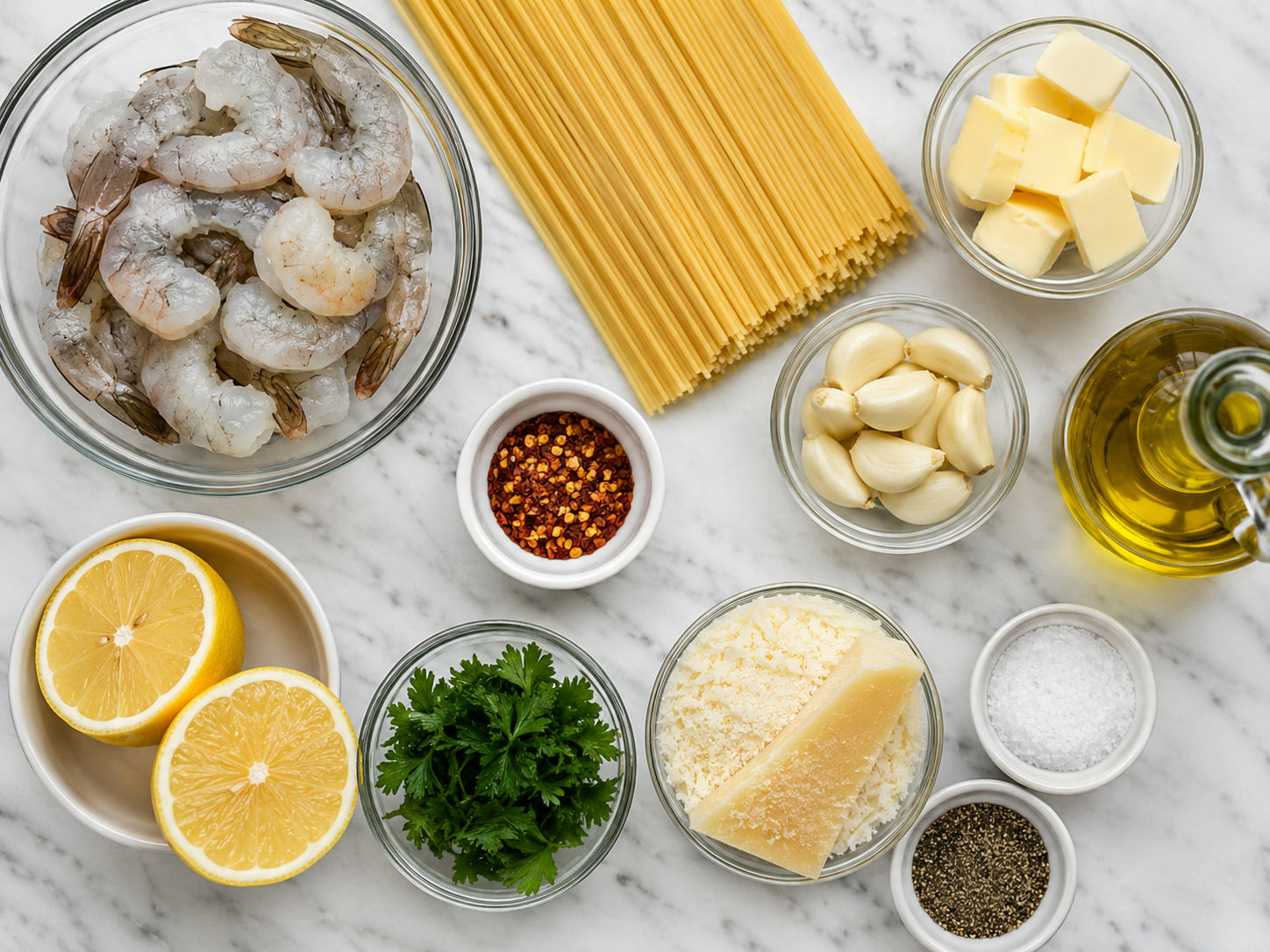 Raw shrimp, spaghetti, garlic, lemon, butter, parsley, and Parmesan for pasta