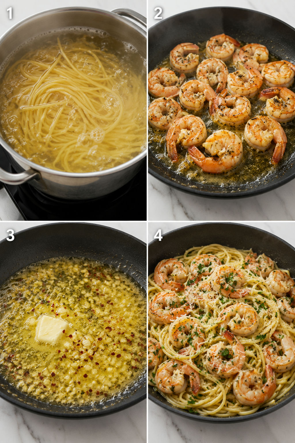 Four cooking steps for garlic shrimp pasta from boiling pasta to tossing shrimp