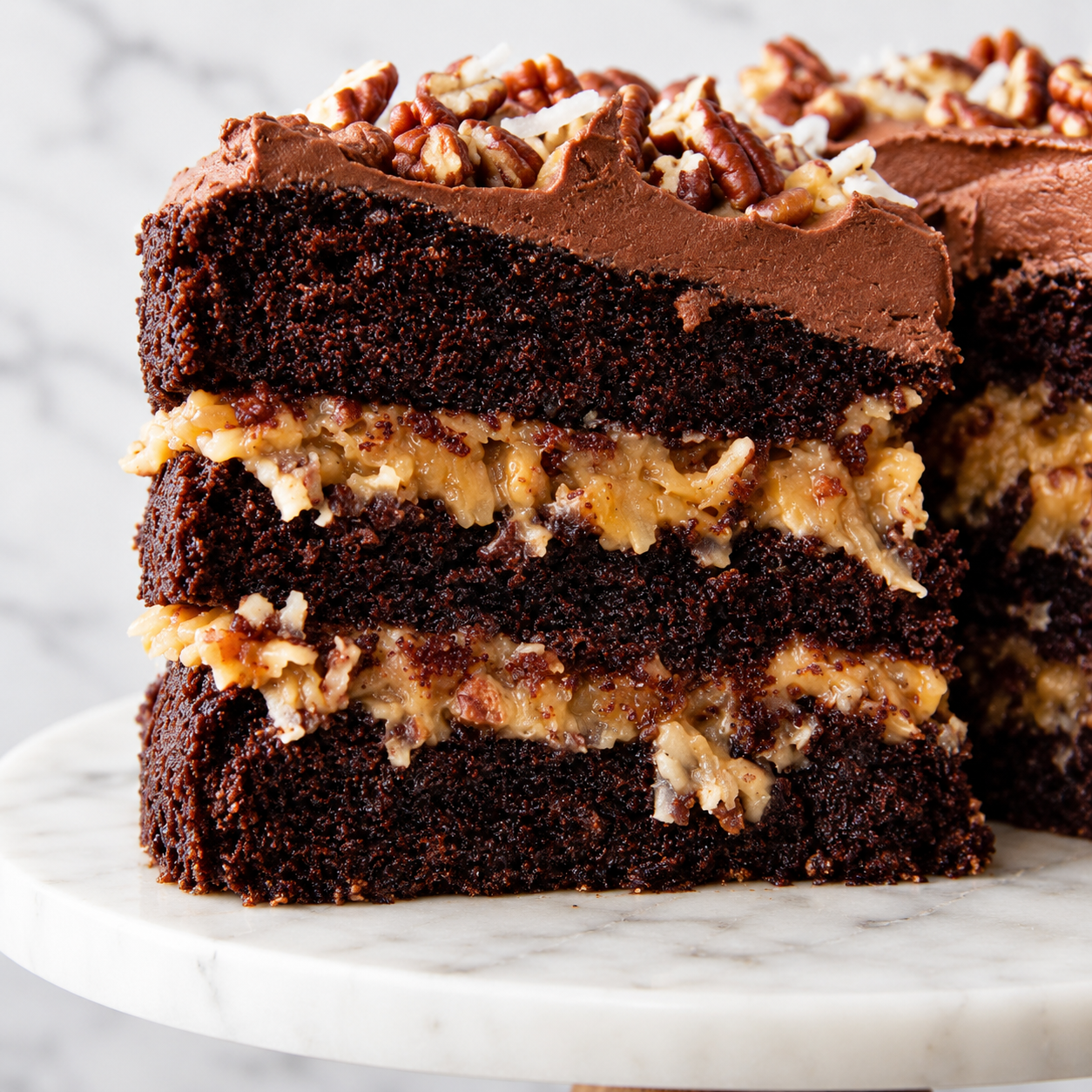 German chocolate cake slice with coconut pecan filling and chocolate frosting
