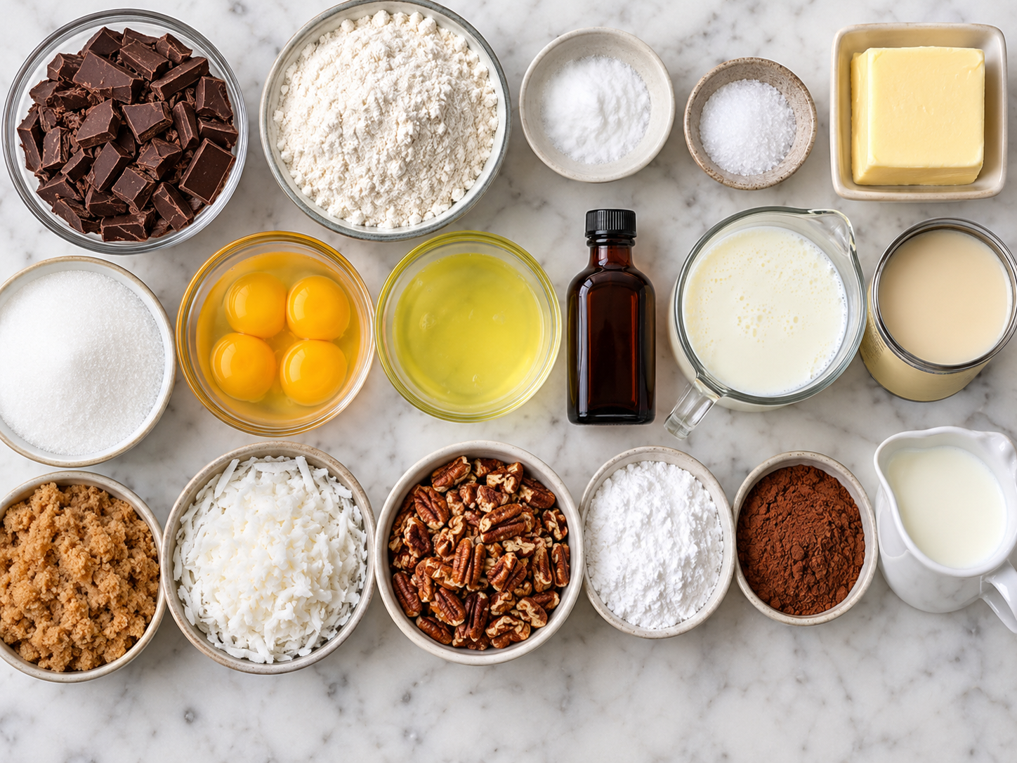 Ingredients for German chocolate cake with coconut, pecans, and chocolate