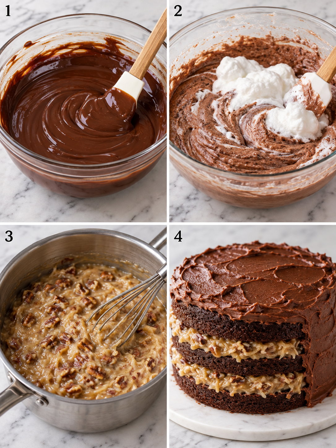 Steps for making German chocolate cake layers and coconut pecan filling