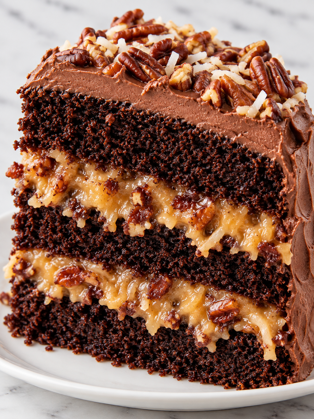 Tall slice of German chocolate cake with coconut pecan filling