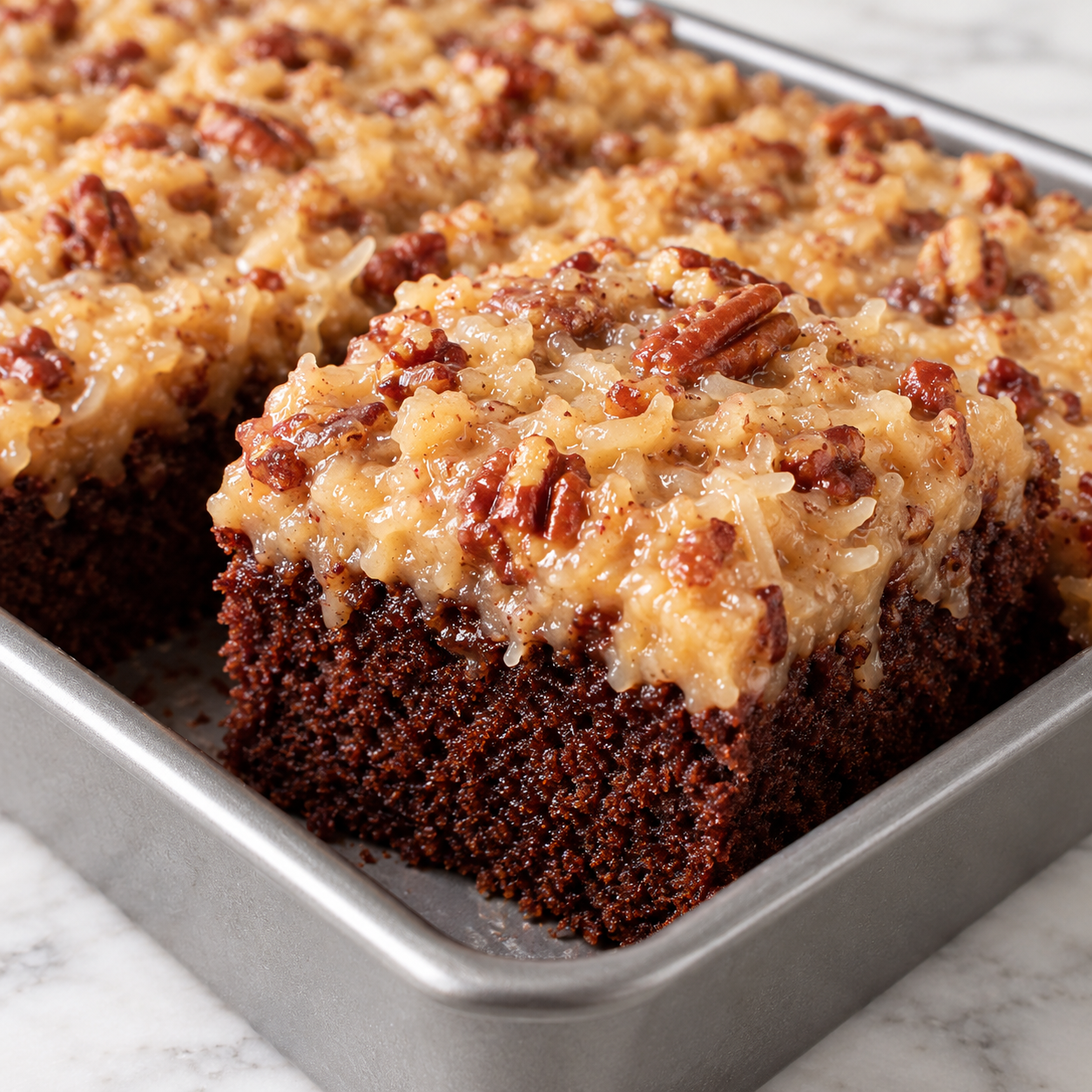 German Chocolate Sheet Cake square with coconut-pecan frosting in a pan