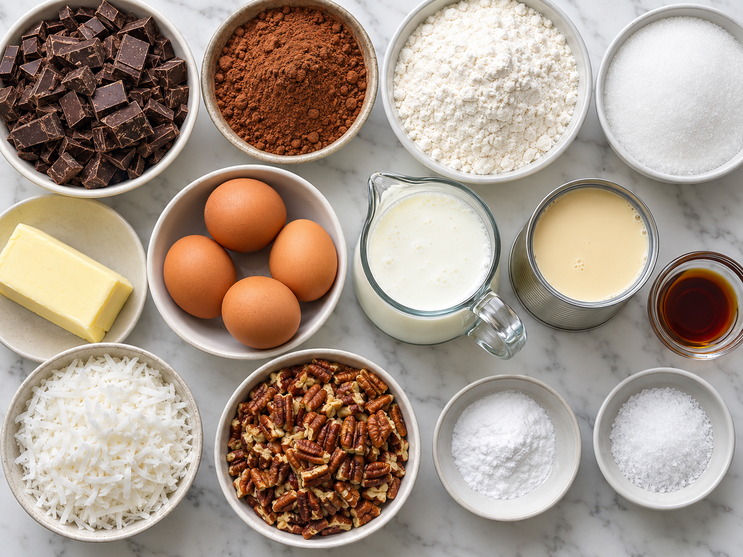 Ingredients for German Chocolate Sheet Cake with coconut and pecans