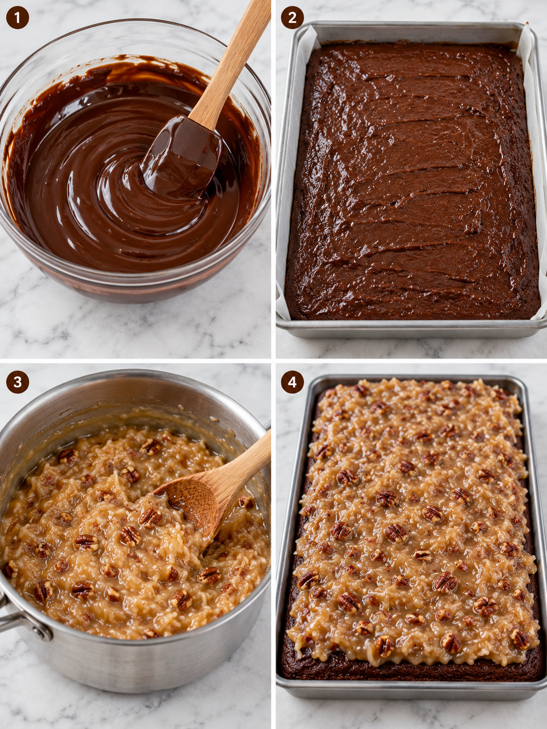 Four steps for making German Chocolate Sheet Cake and frosting