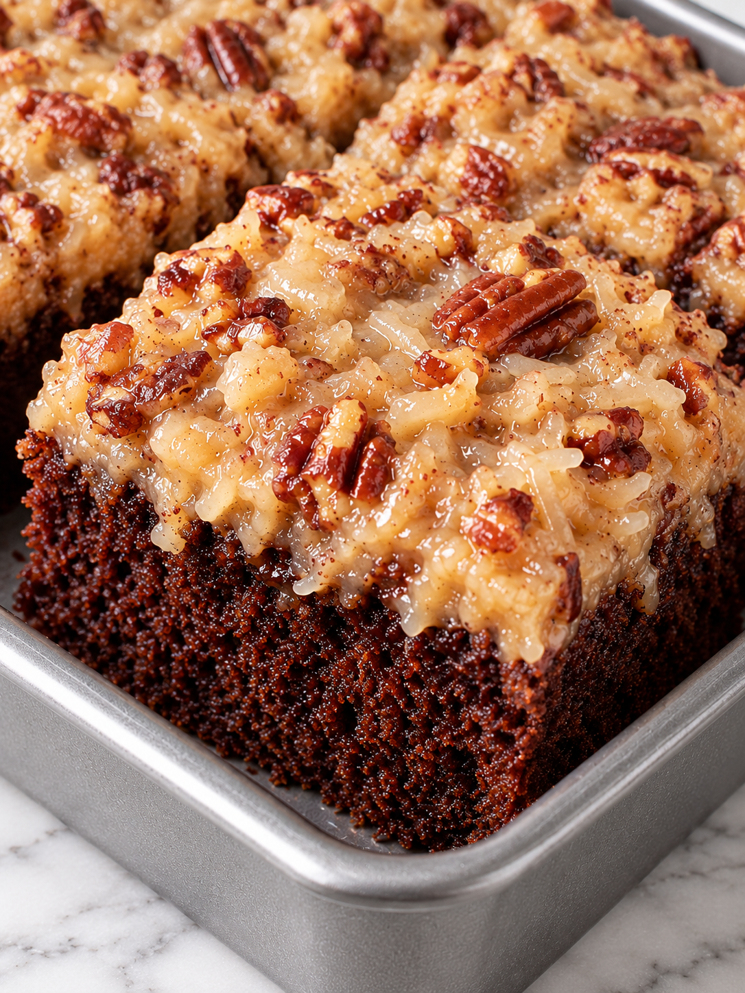 German Chocolate Sheet Cake slice with glossy coconut-pecan topping