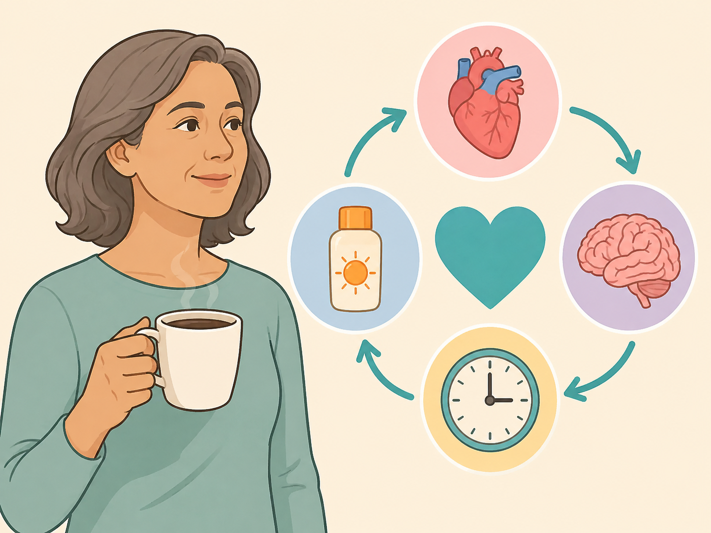 Illustration of a person using coffee as part of a balanced health and skin-care routine.
