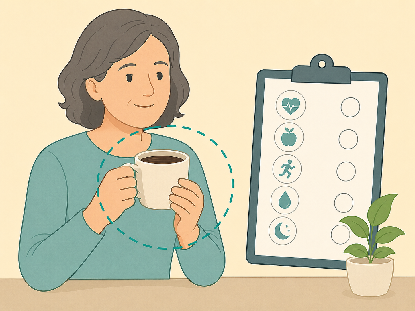 Person treating coffee as one part of a healthy routine rather than a treatment.