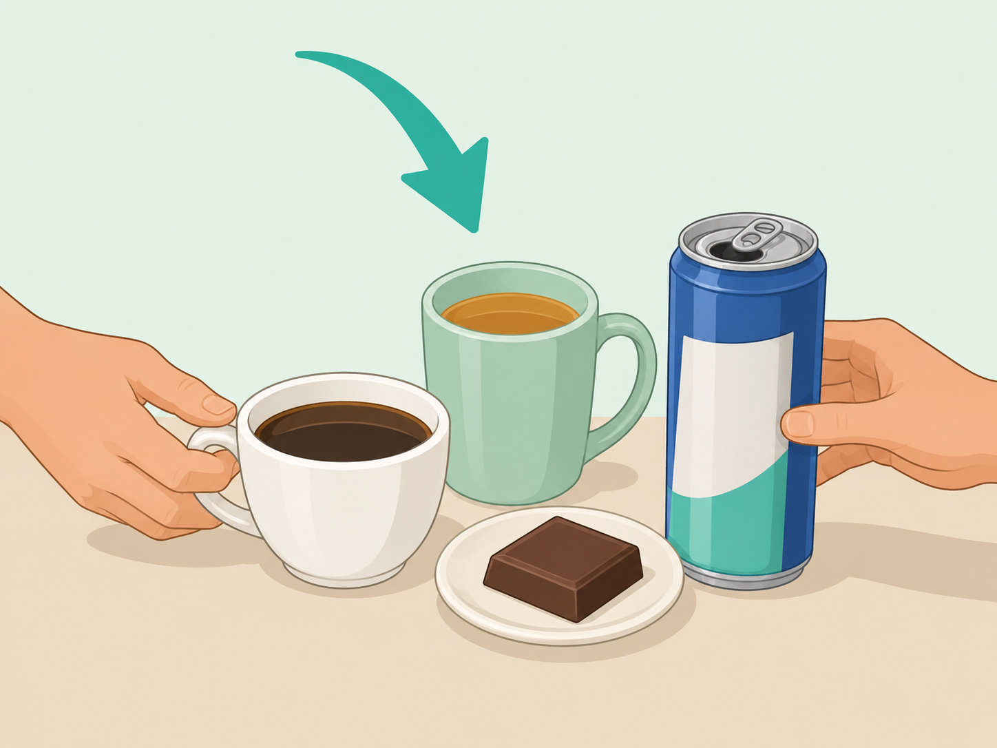 Hands counting caffeine from several foods and drinks.