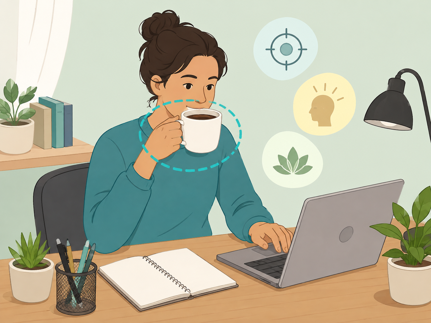 Person using coffee during a focused morning work session.