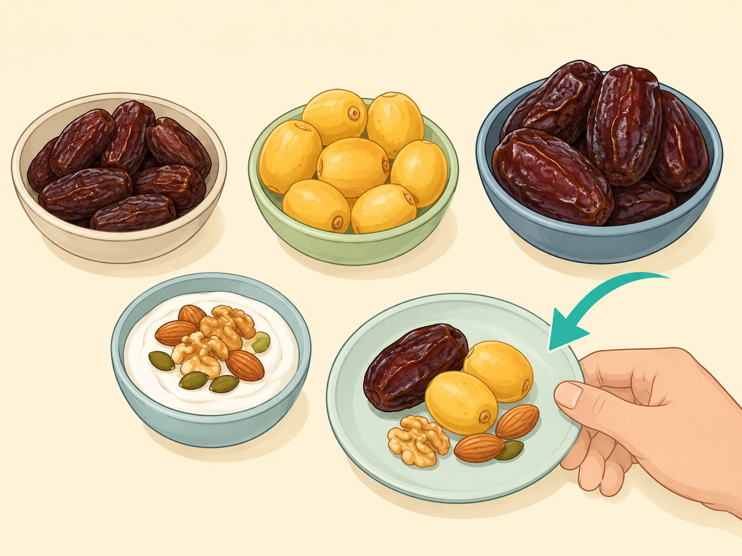 Illustration of different types of dates served in a modest healthy portion with yogurt and nuts.