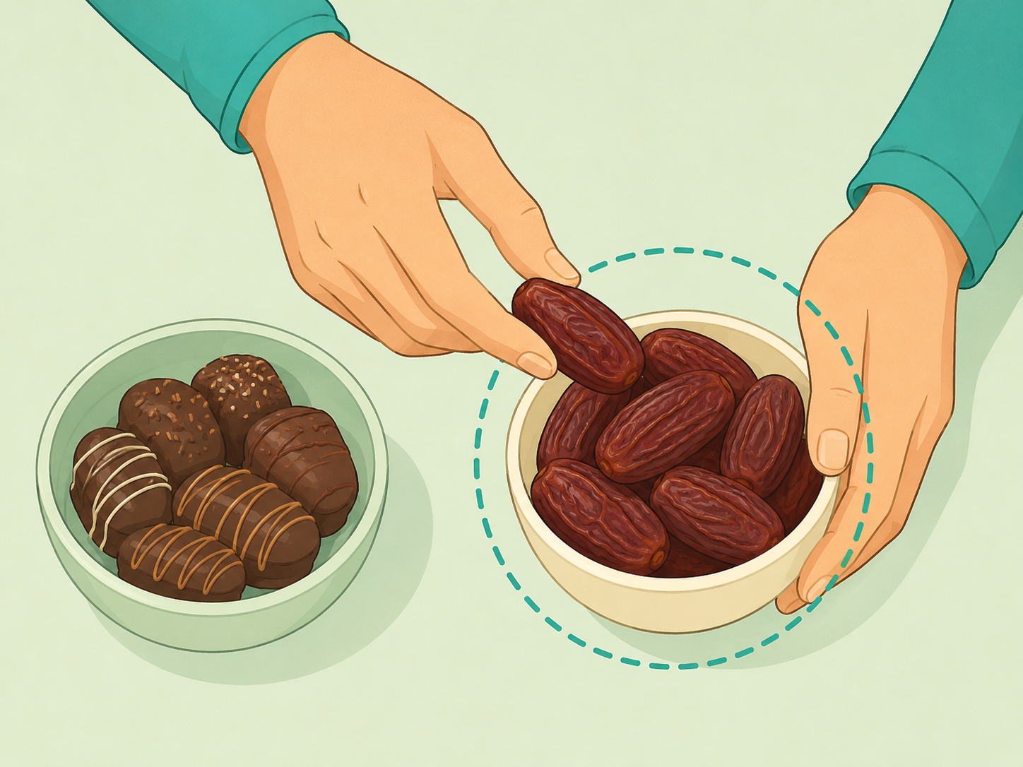 Hands choosing plain whole dates instead of date sweets.