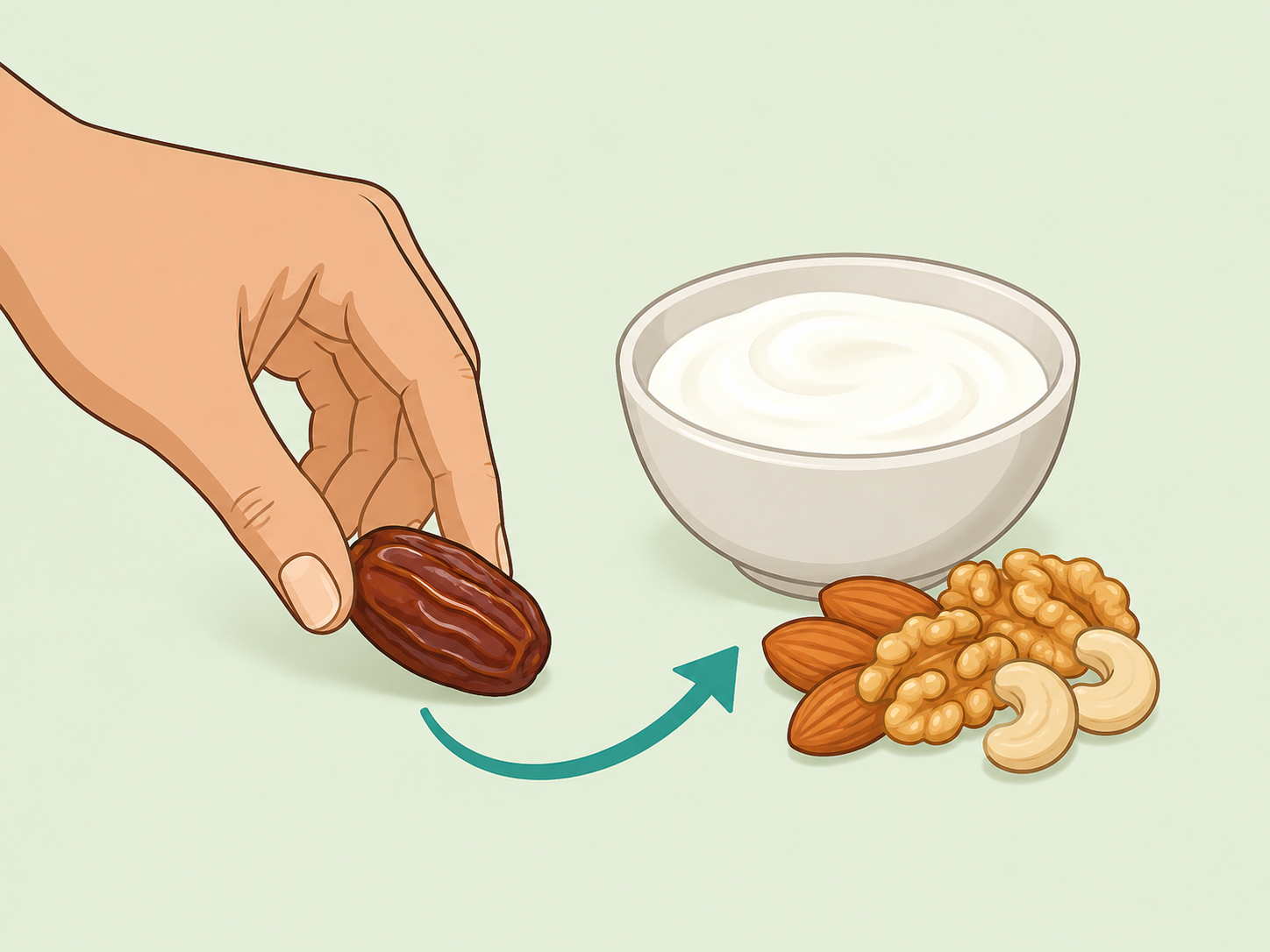 A date paired with yogurt and nuts for a balanced snack.